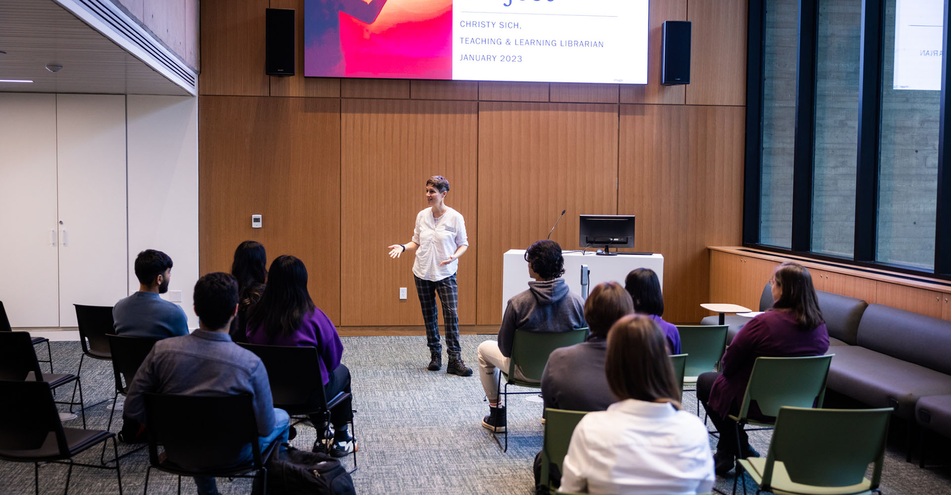 Librarian leading a session in the Weldon Community Room