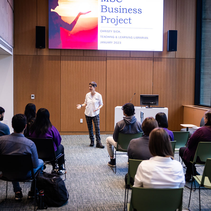Librarian leading a session in the Weldon Community Room